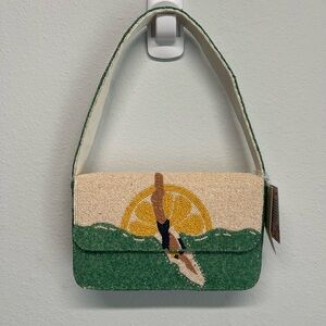 Beaded Green and Cream Shoulder Bag with Swimmer Motif